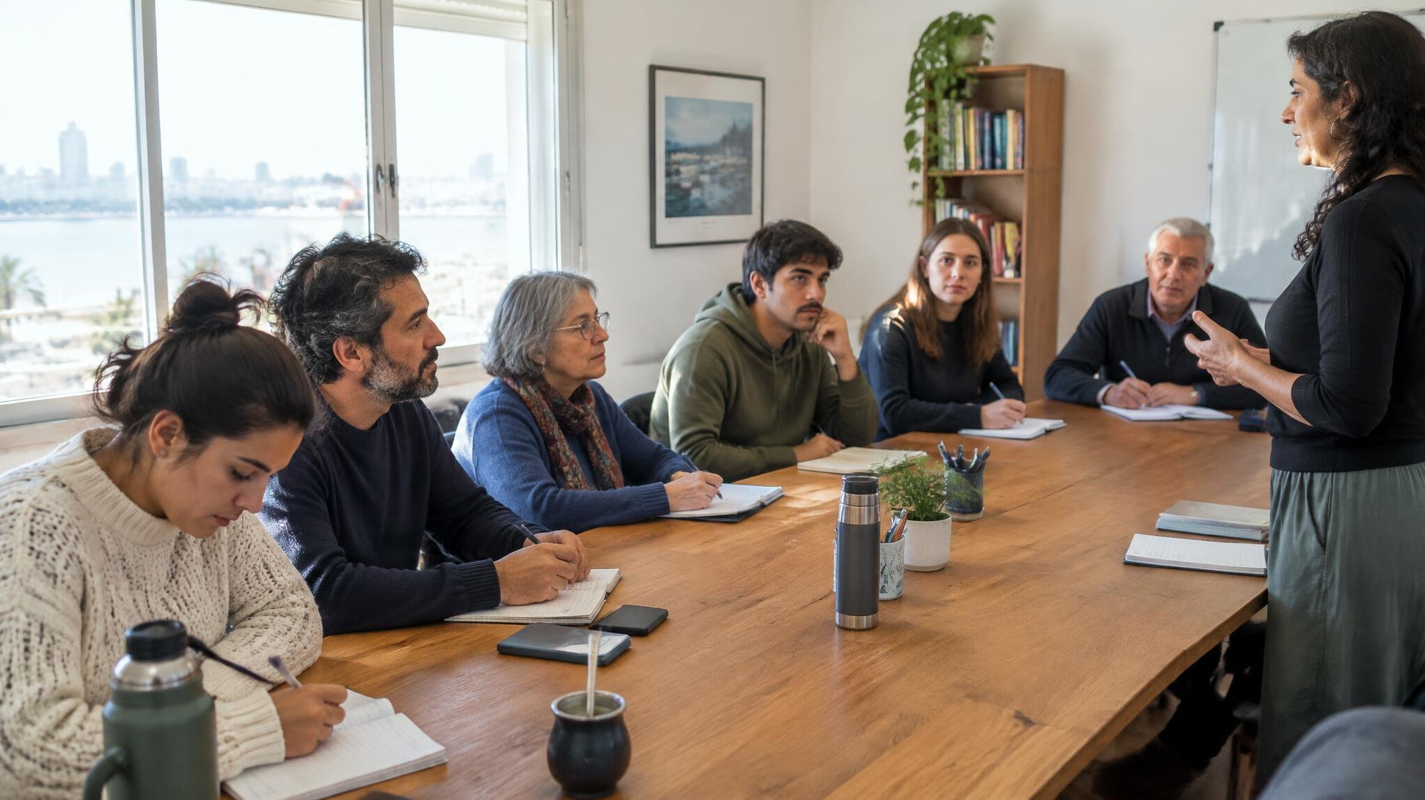 Writing workshop with participants taking notes around a table